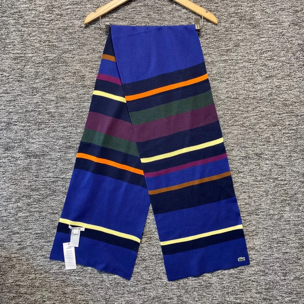 Lacoste NWT Cotton Wool Blend Striped Knit Scarf Blue Multicolor One Size